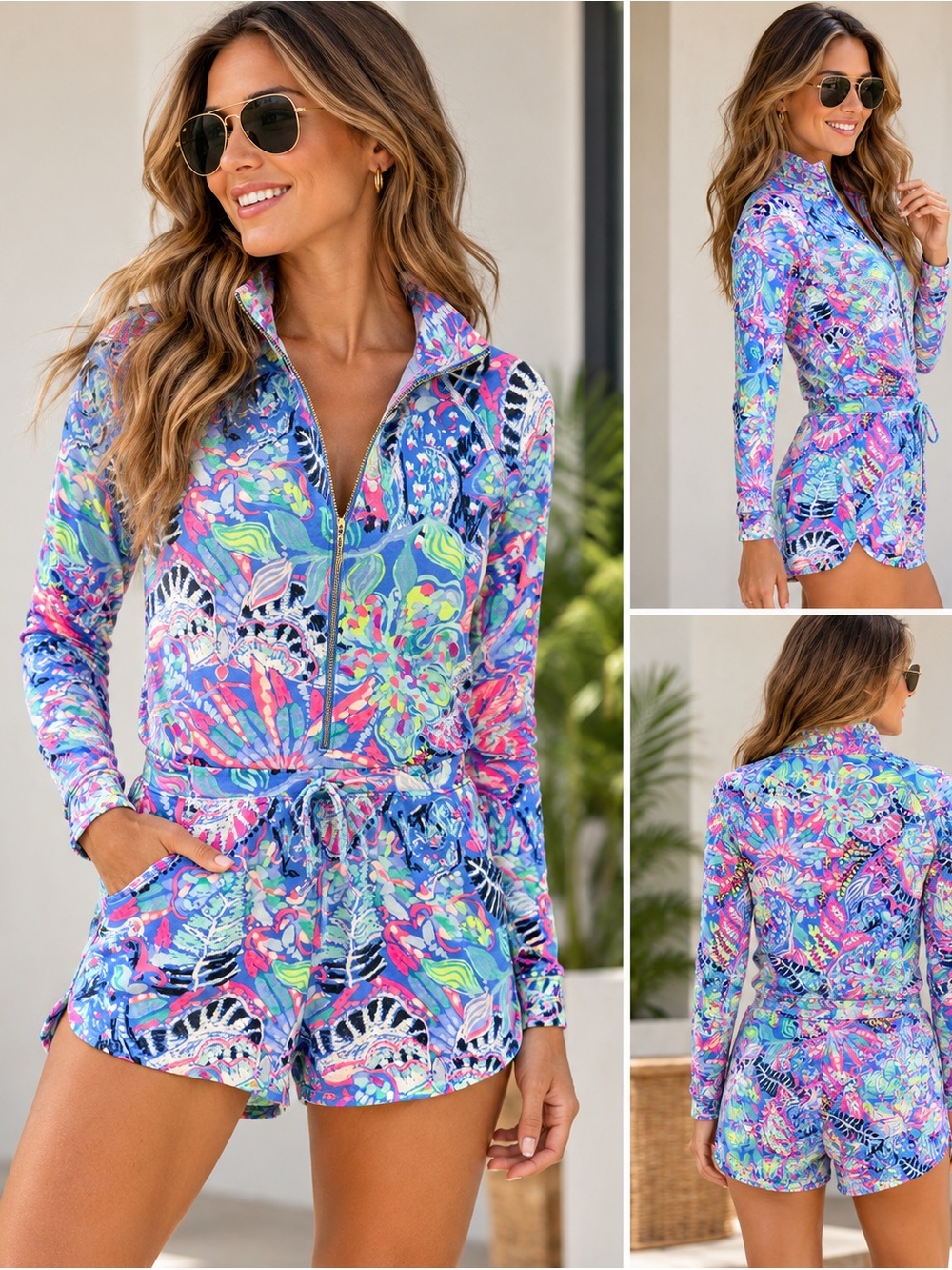 NWT Lilly Pulitzer Multicolor Zip-Front Long Sleeve Romper Small